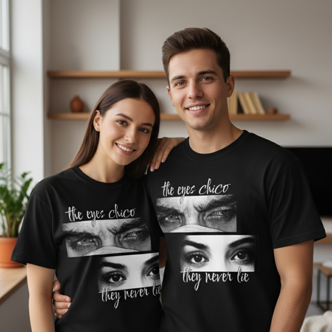 Персонализирана тениска с очи за двойки „The Eyes Never Lie“