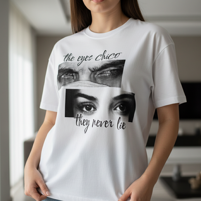 Персонализирана тениска с очи за двойки „The Eyes Never Lie“